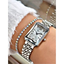 Ferrucci Dikdörtgen Kadran Çelik Kadın Kol Saati+Bileklik Hediye