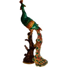 Kristal Taş Işlemeli Metal Tavus Kuşu Biblo – Ağaç Üzerinde Dekor – 18X9 cm