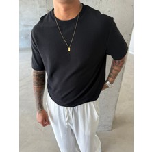 Old Money Desenli Basic T-Shirt - Siyah