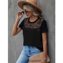 Ag Shoppings Kadın Kısa Kollu Yuvarlak Yaka Ön Dantel Detaylı Viskon Bluz