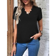 Nidam Butik Kadın Kısa Kollu Lazer V Yakalı Ithal Krep Bluz