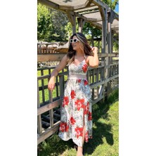 Arben Boutique Kadın Ip Askılı V Yakalı Bel Güpür Çiçek Desenli Yandan Yırtmaçlı Maksi Süprem Elbise