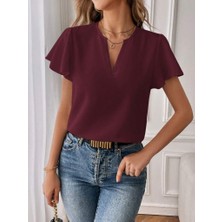 Arben Boutique Kadın Kısa Kollu Kelebek Kollu V Yakalı Sandy Bluz