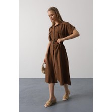Arben Boutique Kuşaklı Cep Detaylı Yarım Kol Elbise - Kahve