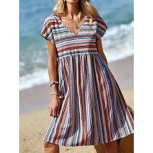 Tua Moda Kadın Kısa Kollu V Yakalı Pile Detay Keten Elbise