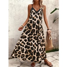 Arben Boutique Kadın Ip Askılı Geniş V Yakalı Leopar Desenli Süprem Elbise