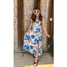 Aisha Elbise Kadın Ip Askılı V Yakalı Bel Güpür Çiçek Desenli Yandan Yırtmaçlı Maksi Süprem Elbise