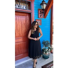 Arben Boutique Kadın Kolsuz Etek Ucu Lazer Kesim Çiçek Desenli Midi Boy Janjan Krep Elbise