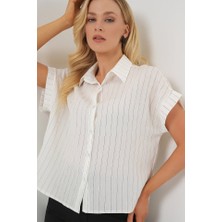 Gökyüzü Moda Çizgili Kısa Kol Gömlek 20327 - Beyaz