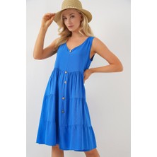 Gökyüzü Moda Sıfır Kol Düğmeli Kısa Elbise 2571 - Saks