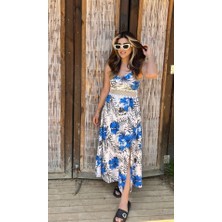 Arben Boutique Kadın Ip Askılı V Yakalı Bel Güpür Çiçek Desenli Yandan Yırtmaçlı Maksi Süprem Elbise