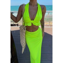 Arben Boutique Kadın Mayo Kumaş Bağlamalı Crop ve Maxi Boy Etek Ikili Takım