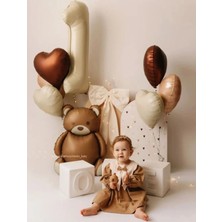 Krem 1 Yaş Folyo Balon Ayı Folyo Balon Kahve Kalpli Folyo Balon Doğum Günü Parti Seti Süsü