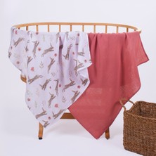 ARBA BABY Organik Pamuk Yenidogan Muslin Battaniye Seti Gul Kurusu Rengi ve Tavşan Temalı