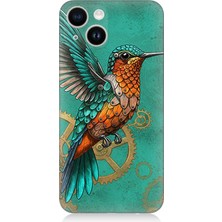 Apple iPhone 14 Plus Uyumlu Turkuaz Zeminde Sinek Kuşu  Desenli Silikon Kılıf