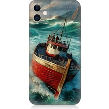 Apple iPhone 11 Uyumlu Fırtınada Kırmızı Gemi  Desenli Silikon Kılıf