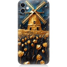 Apple iPhone 12 Uyumlu Değirmen Önünde Altın Laleler  Desenli Silikon Kılıf