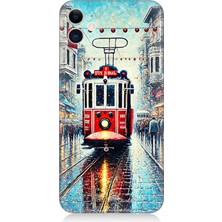 Apple iPhone 12 Uyumlu Yağmurlu Sokakta Kırmızı Tramvay  Desenli Silikon Kılıf