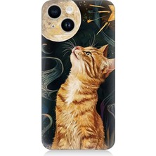 Apple iPhone 14 Uyumlu Aya Bakan Meraklı Kedi  Desenli Silikon Kılıf