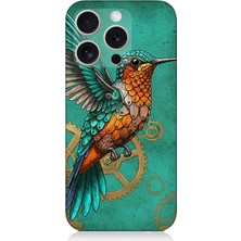 Apple iPhone 16 Pro Uyumlu Turkuaz Zeminde Sinek Kuşu  Desenli Silikon Kılıf