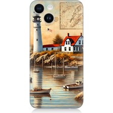 Apple iPhone 14 Plus Uyumlu Harita Yanı Deniz Feneri  Desenli Silikon Kılıf