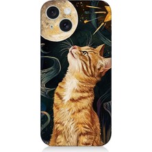 Apple iPhone 15 Uyumlu Aya Bakan Meraklı Kedi  Desenli Silikon Kılıf