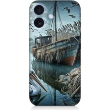 Apple iPhone 16 Uyumlu Ay Işığında Eski Gemi  Desenli Silikon Kılıf