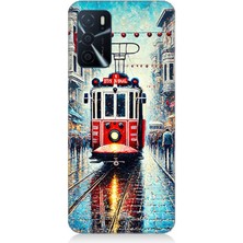 Oppo A55 Uyumlu Yağmurlu Sokakta Kırmızı Tramvay  Desenli Silikon Kılıf