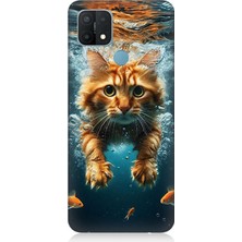 Oppo A15 Uyumlu Suda Yüzen Kedi  Desenli Silikon Kılıf