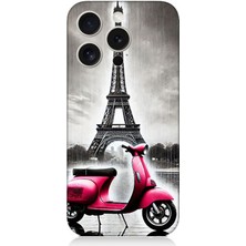 Apple iPhone 15 Pro Uyumlu Pembe Scooter Eyfel Önü  Desenli Silikon Kılıf