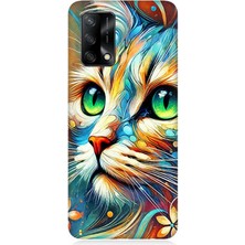 Oppo A74 Uyumlu Parlak Gözlü Renkli Kedi  Desenli Silikon Kılıf