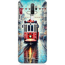 Oppo A5 2020 Uyumlu Yağmurlu Sokakta Kırmızı Tramvay  Desenli Silikon Kılıf