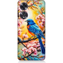 Oppo A60 Uyumlu Pembe Dallarda Mavi Kuş  Desenli Silikon Kılıf