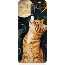 Oppo A9 2020 Uyumlu Aya Bakan Meraklı Kedi  Desenli Silikon Kılıf