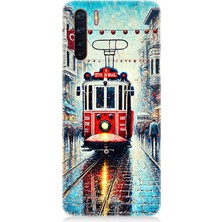 Oppo Reno 3 Uyumlu Yağmurlu Sokakta Kırmızı Tramvay  Desenli Silikon Kılıf