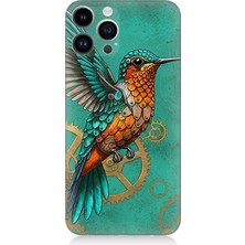 Apple iPhone 13 Pro Uyumlu Turkuaz Zeminde Sinek Kuşu  Desenli Silikon Kılıf