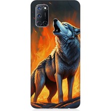 Oppo A52 Uyumlu Alevler Içinde Kurt Uluması  Desenli Silikon Kılıf