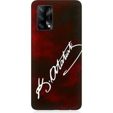 Oppo A74 Uyumlu Atatürk Imzası Kırmızı Fon  Desenli Silikon Kılıf