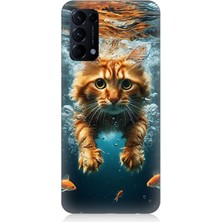 Oppo Reno 5 Pro Uyumlu Suda Yüzen Kedi  Desenli Silikon Kılıf