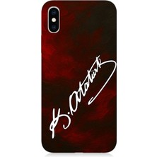 Apple iPhone x Uyumlu Atatürk Imzası Kırmızı Fon  Desenli Silikon Kılıf