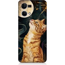 Oppo Reno 7 Uyumlu Aya Bakan Meraklı Kedi  Desenli Silikon Kılıf