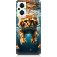 Oppo Reno 7 Lite Uyumlu Suda Yüzen Kedi  Desenli Silikon Kılıf