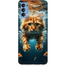 Oppo Reno 4 Uyumlu Suda Yüzen Kedi  Desenli Silikon Kılıf