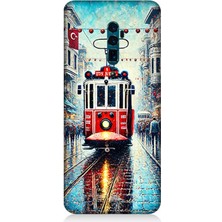 Oppo Reno 10X Zoom Uyumlu Yağmurlu Sokakta Kırmızı Tramvay  Desenli Silikon Kılıf