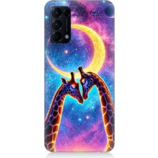 Oppo Reno 5 Uyumlu Ay Altında Gergedan Giraffe  Desenli Silikon Kılıf