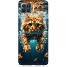 Oppo Reno 4 Lite Uyumlu Suda Yüzen Kedi  Desenli Silikon Kılıf
