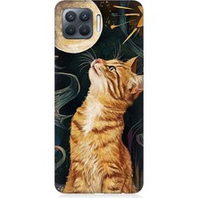 Oppo Reno 4 Lite Uyumlu Aya Bakan Meraklı Kedi  Desenli Silikon Kılıf
