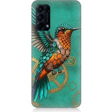 Oppo Reno 5 Pro Uyumlu Turkuaz Zeminde Sinek Kuşu  Desenli Silikon Kılıf