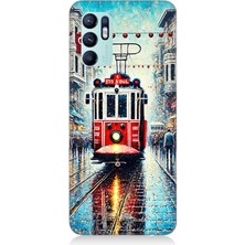 Oppo Reno 6 Uyumlu Yağmurlu Sokakta Kırmızı Tramvay  Desenli Silikon Kılıf