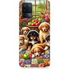 Oppo Reno 5 Lite Uyumlu Çiçek Bahçesinde Yavru Köpekler  Desenli Silikon Kılıf